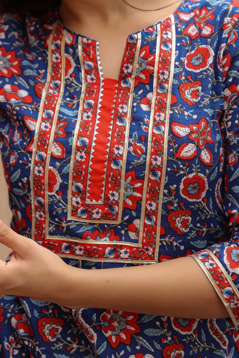 Floral Printed Notch Neck Thread Work Pure Cotton A-Line Kurta
